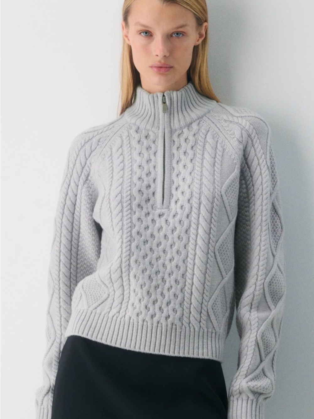 Aritzia Light Gray Cable Knit Merino Wool Mastery 1/4 Zip